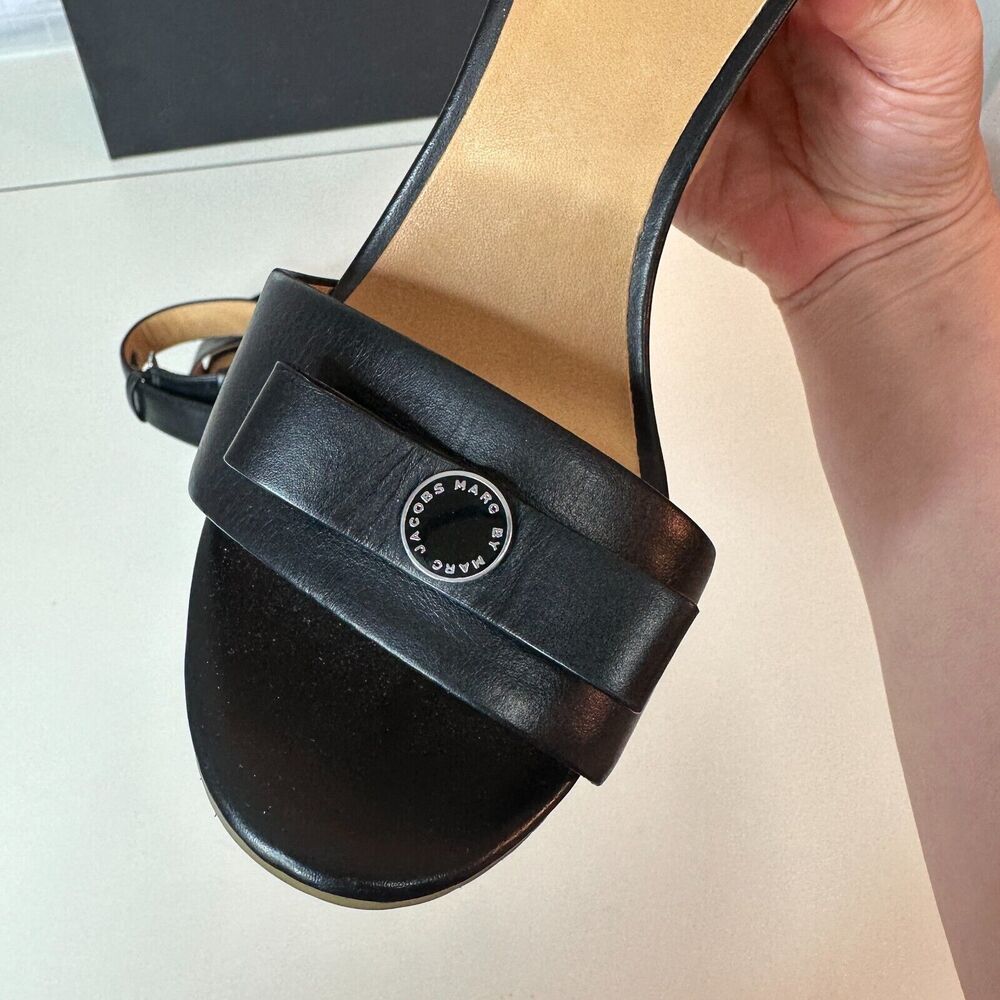 Marc by Marc Jacobs Black Leather & Cork Wedge Ankle Strap Sandals Silver 7.5 - Picture 10 of 11